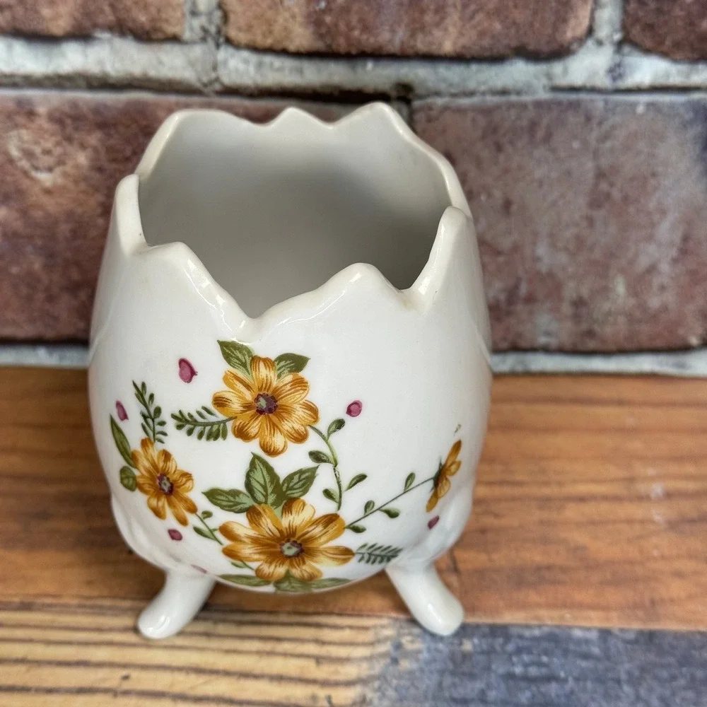 Lefton Cracked Egg‎ Vase Planter #5526 Porcelain 3 Footed Yellow Floral Vtg MCM